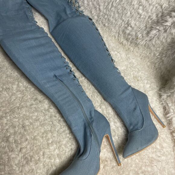 Elegant Collection Denim thigh high back lace up heels boots Size 6 - Picture 6 of 10